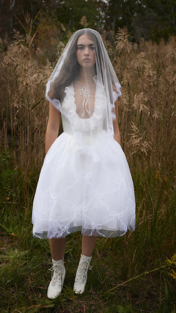 Lattice Flocked Bow Dress with Glitter Daisies on Tulle